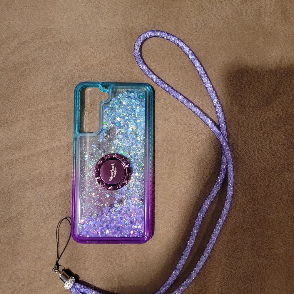 Purple & Blue Liquid Glitter Phone Case w/ Strap For SAMSUNG GALAXY S21 FE
